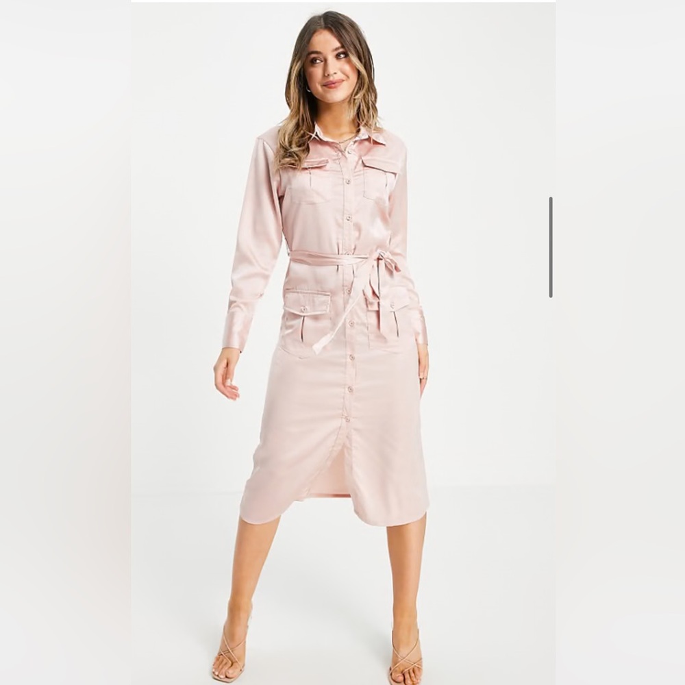 Lola May tie waist satin midi shirt dress in rose pink